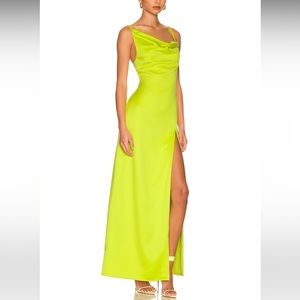 New revolve Camila Coelho neon lime green dress long slit xxs satin dressy